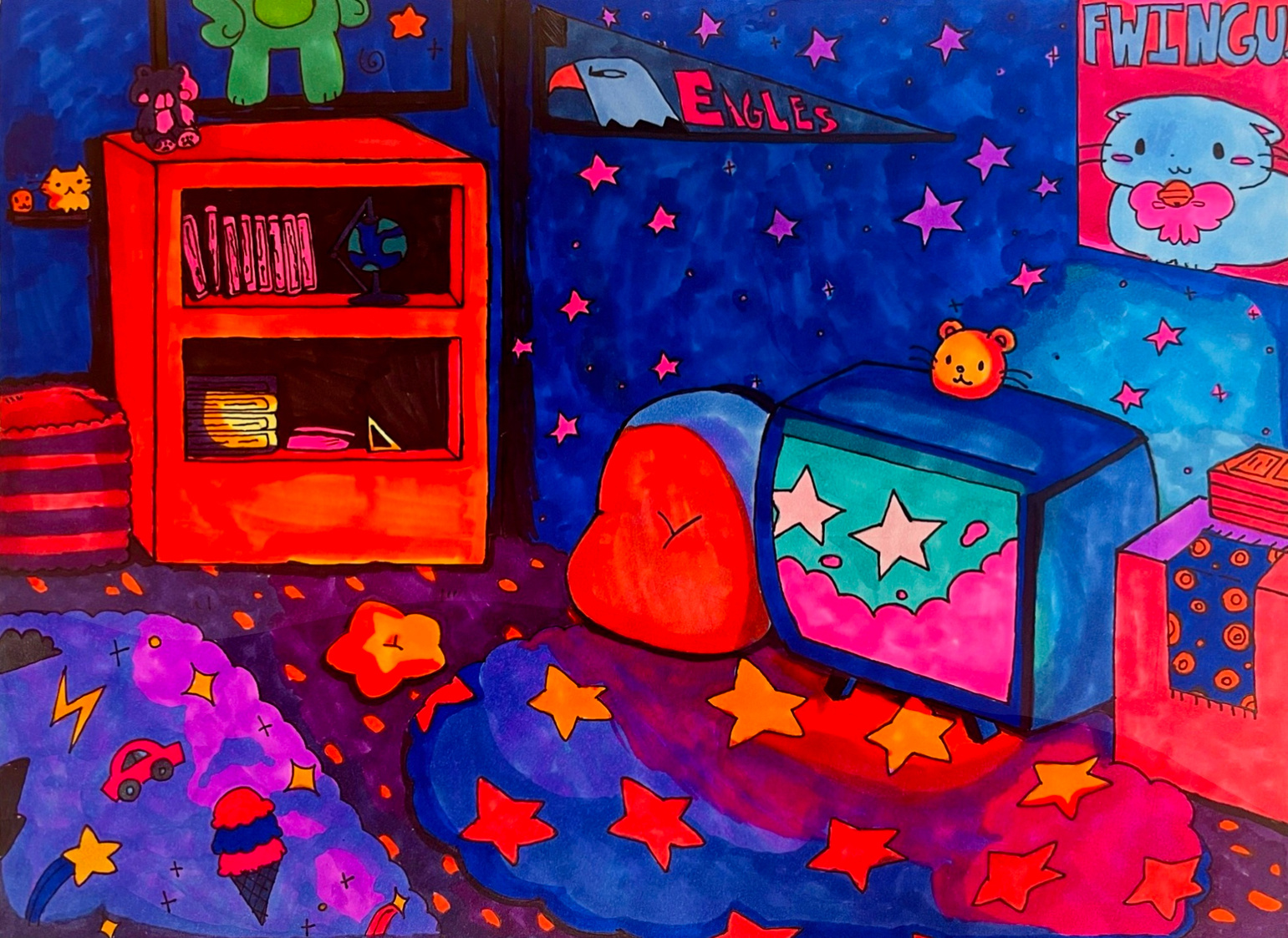 nostalgic bedroom i did for my portfolio using quite a lot of copic markers !