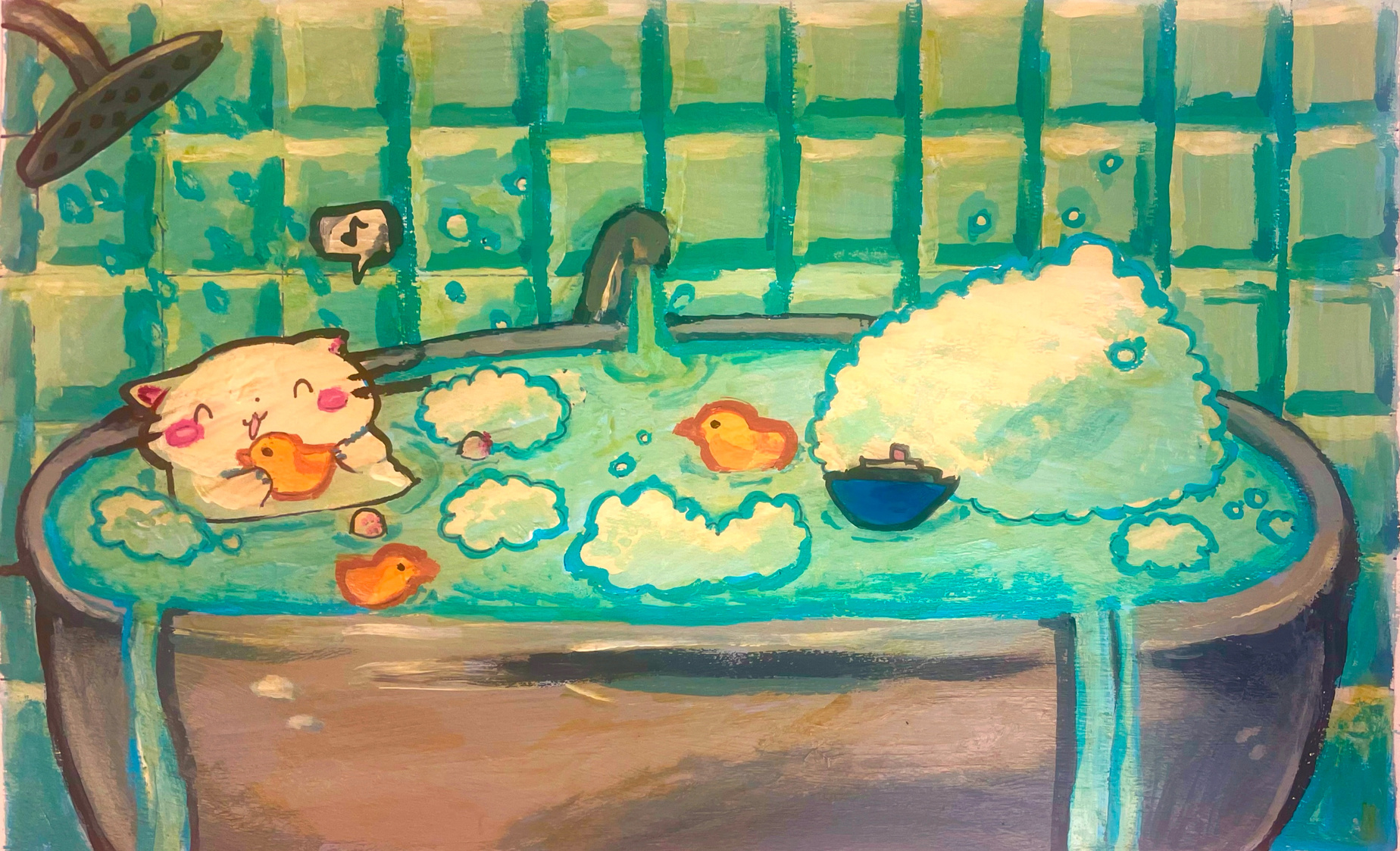 painting 4 my art class of Fwingus in a bubble bath !! It relates to my reoccurring theme of nostalgia !